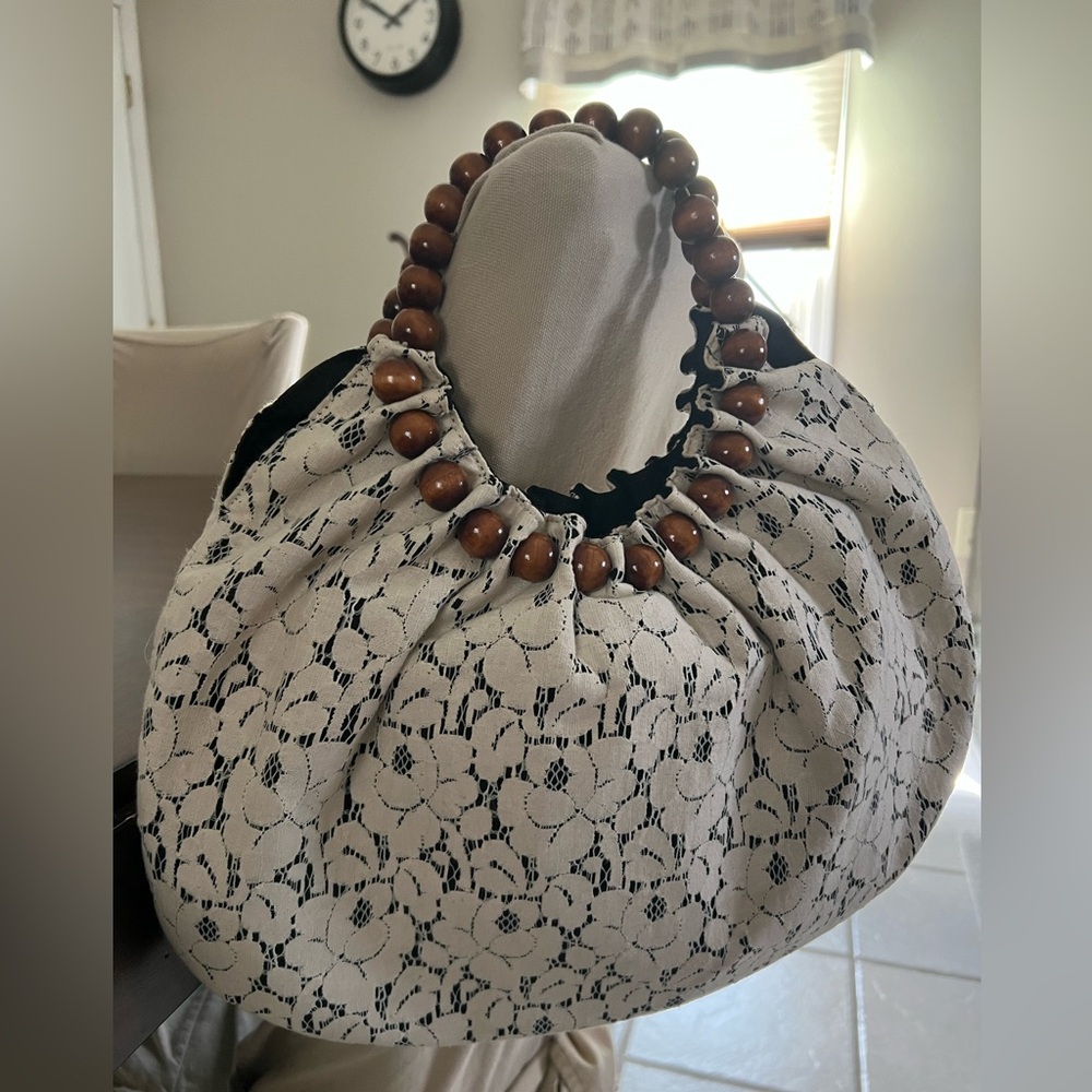 Talbots Black and Cream Lace Shoulder Bag with Wooden Beads